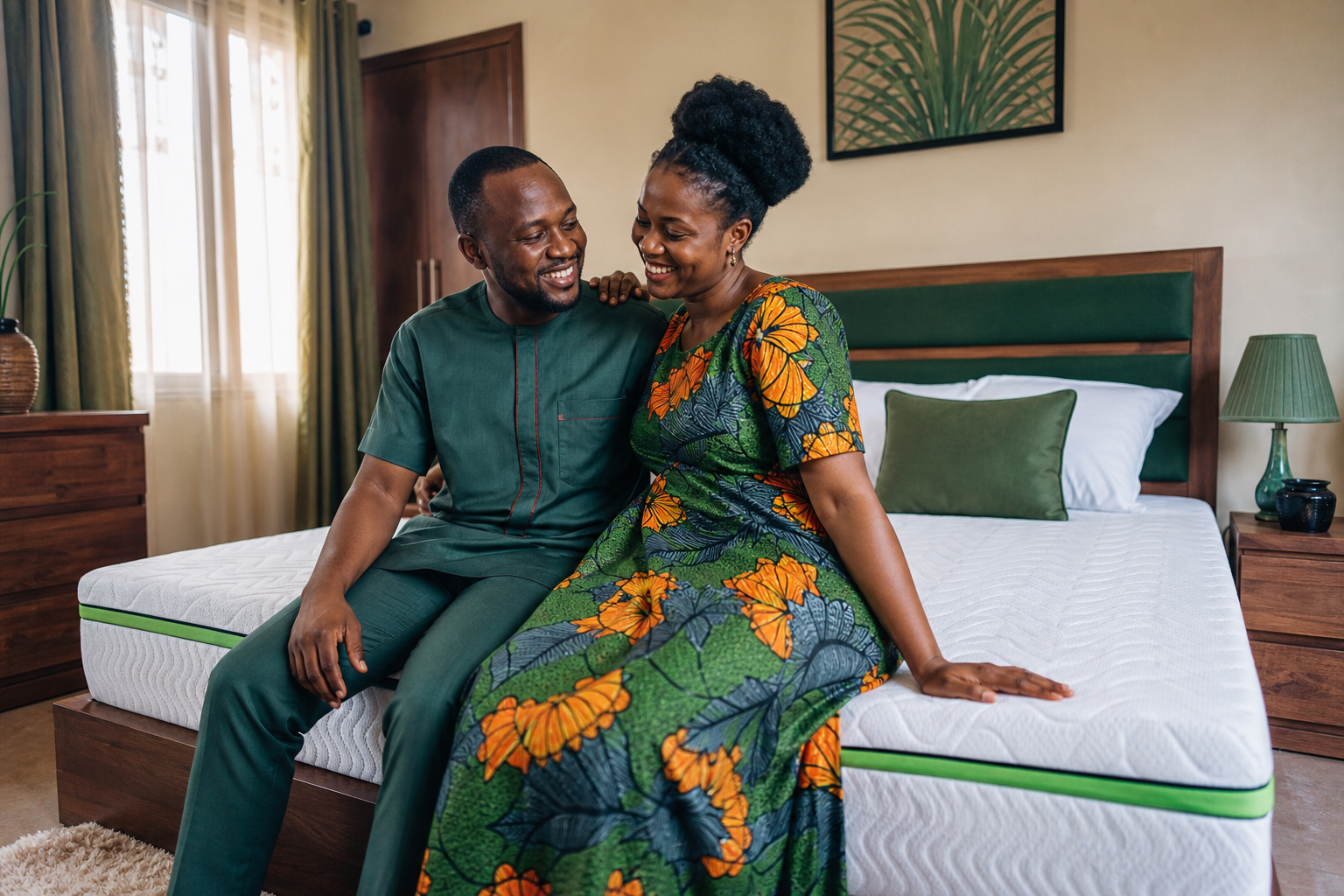 Couple camerounais satisfait devant leur nouveau matelas