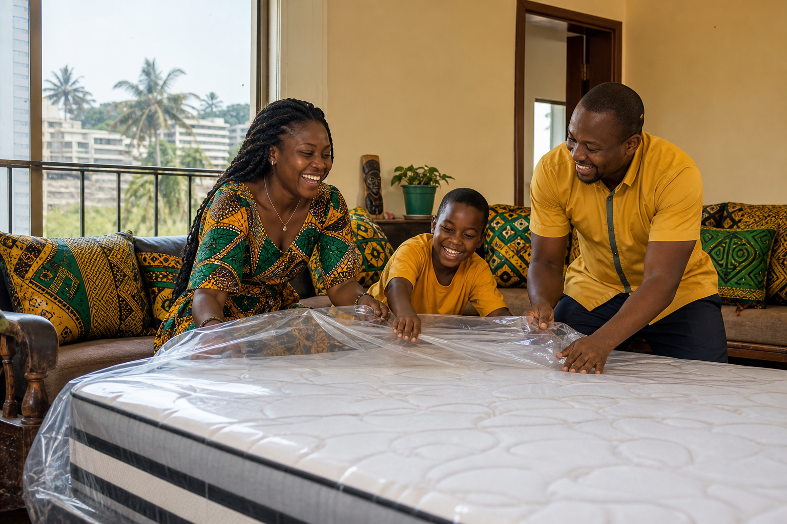 Famille camerounaise heureuse après livraison du matelas