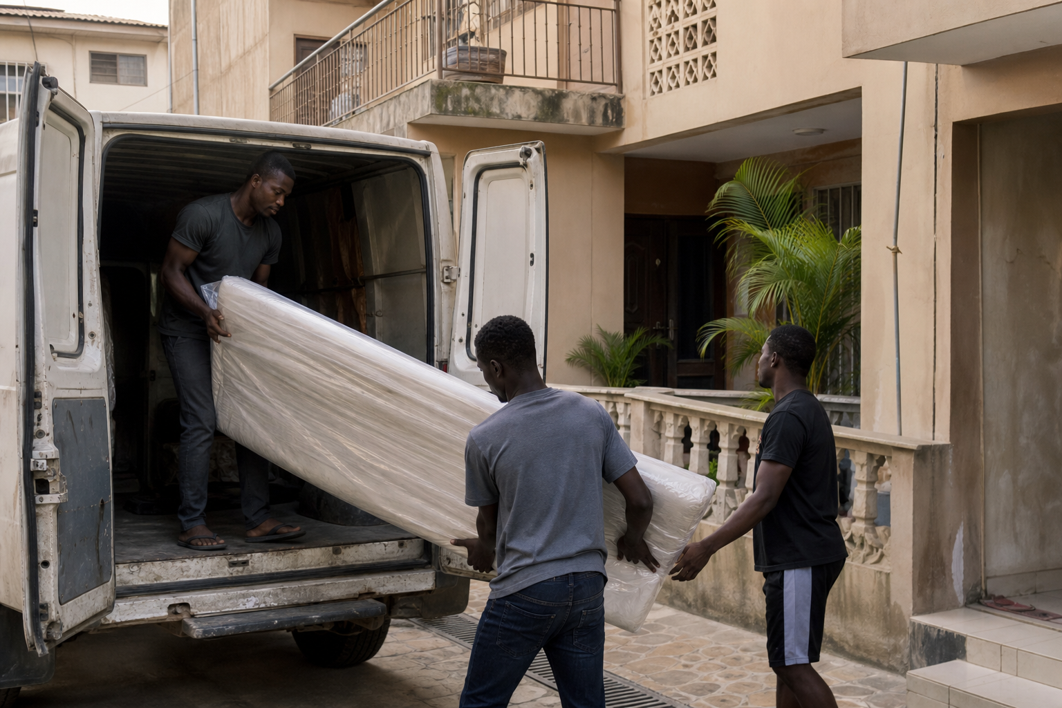 Livraison matelas dans une cour à Douala