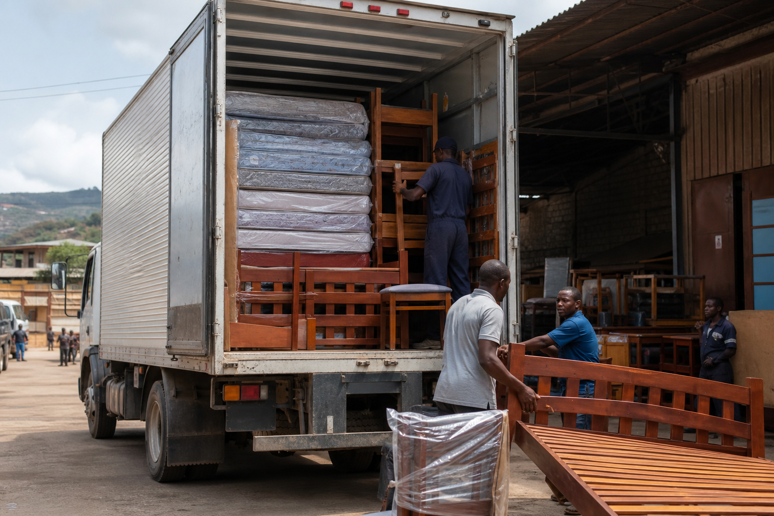 Camion cargo chargé de matelas et lits en bois
